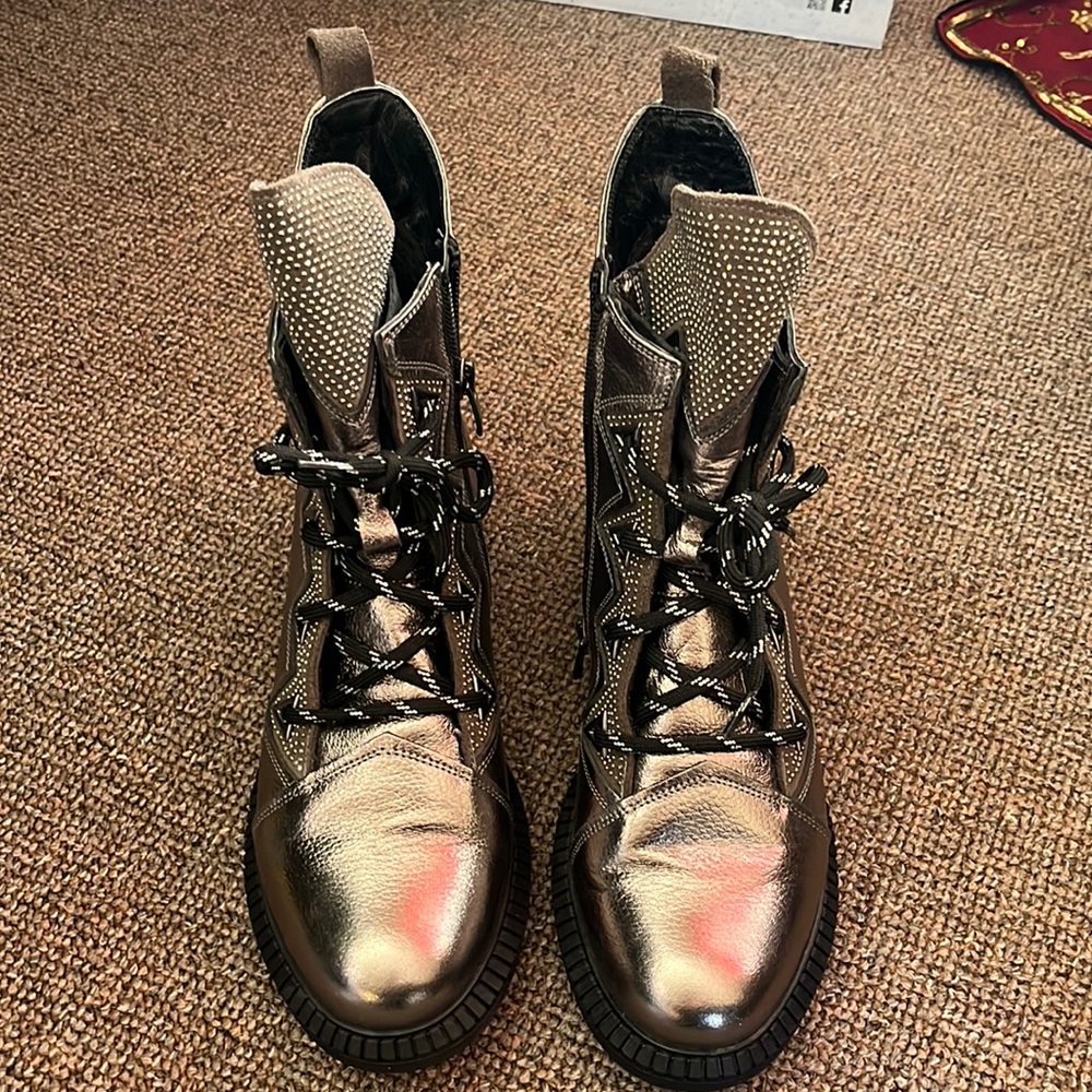 Metallic Leather Lace Up Boots With Decorative Tongue
